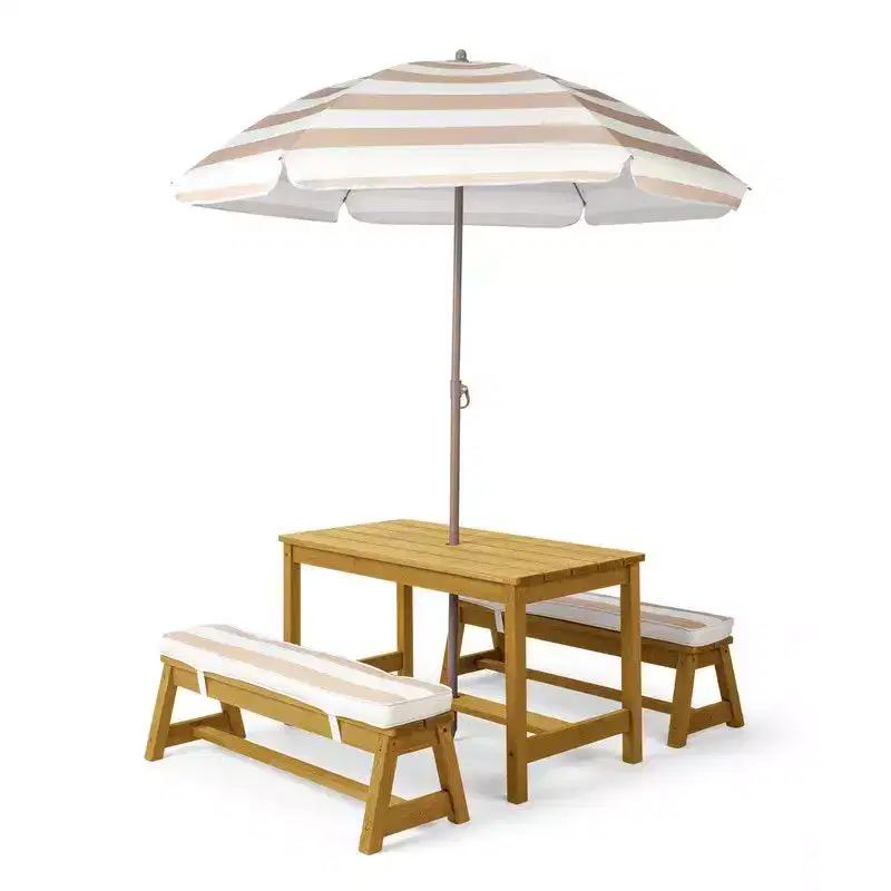 Karl Home Kids Wood Rectangle Outdoor Picnic Table and Bench with Umbrella and Cushion