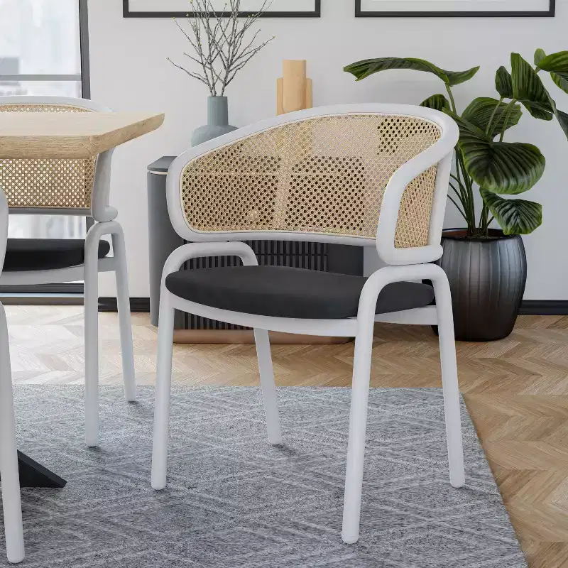 LeisureMod Ervilla Wicker U-Shaped Back Dining Chairs Set of 4 with Leather Seats and Steel Frames  Modern Seating for Kitchen, Dining Room, Cafe