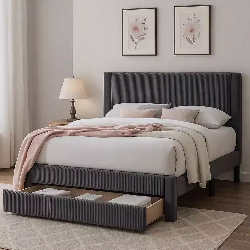 Royal Hampton Full Bed w Drawer, Dark Gray Corduroy Upholstery, Foam Headboard