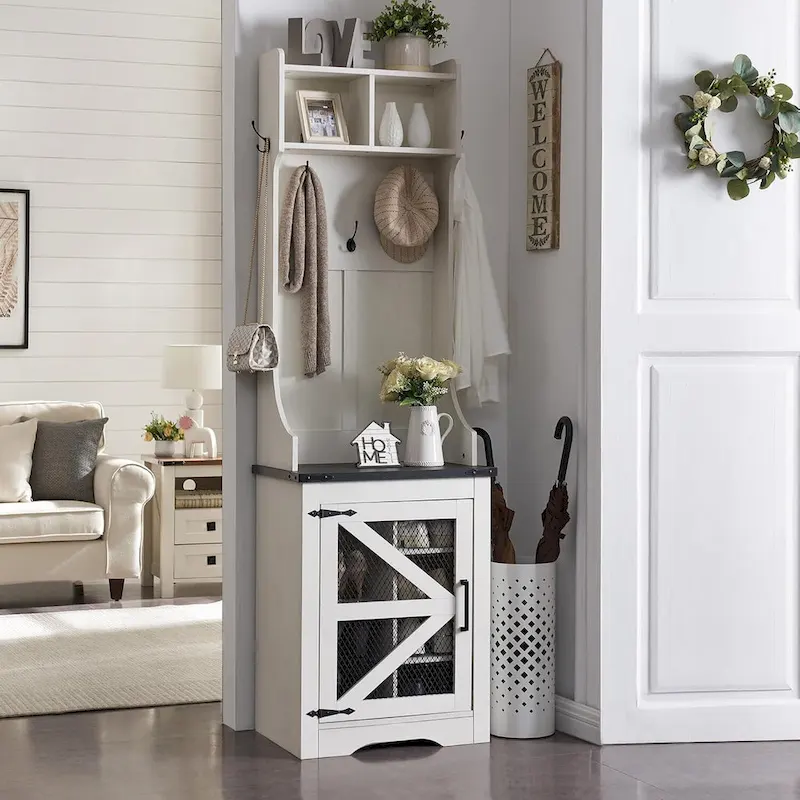 Black / Brown / White Farmhouse Hall Tree with Shoe Cabinet & Coat Hooks, Single-Seat Entryway Bench