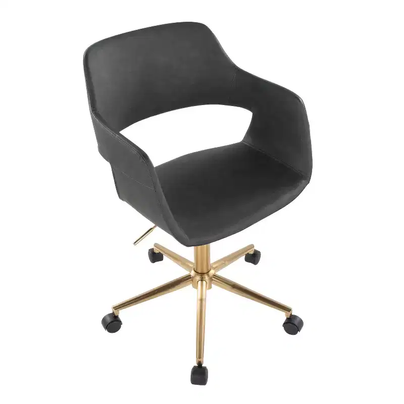Adjustable Task Chair, Gold Metal Base, Gray PU Leather, Swivel, 250LBS Home Office