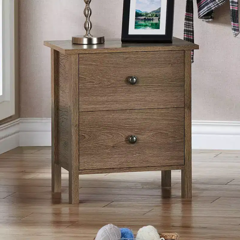 24/7 Shop At Home Cecilia 2 Drawer Nightstand: Distressed Walnut, Farmhouse Style, Bronze Hardware, Wood Frame, Storage