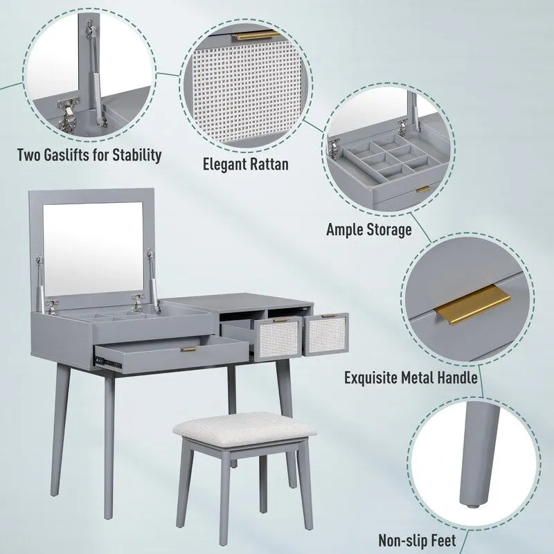 Grondin Modern Style Vanity Set with Flip Top Mirror, Cushioned Stool and Drawers, 2-in-1 Makeup table Set for Bedroom