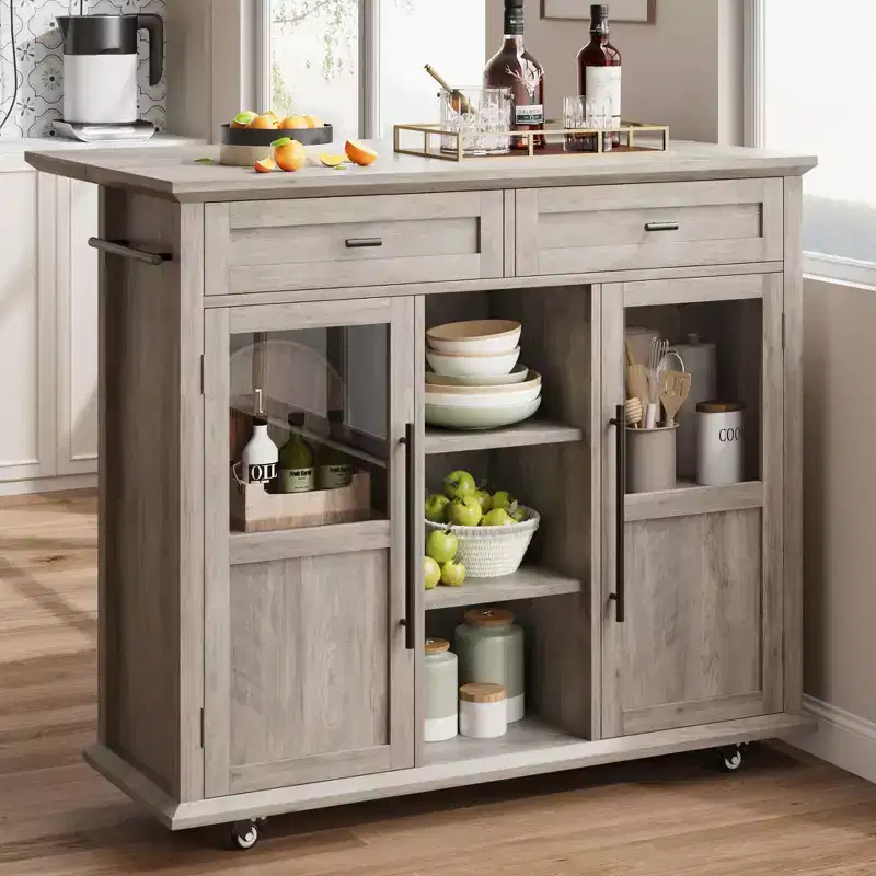 Storage Drawer, Foldable Kitchen Removable Storage Cabinet with Folding Top - 2 Glass Doors, Spice Rack, Towel Rack for Living Room, Kitchen
