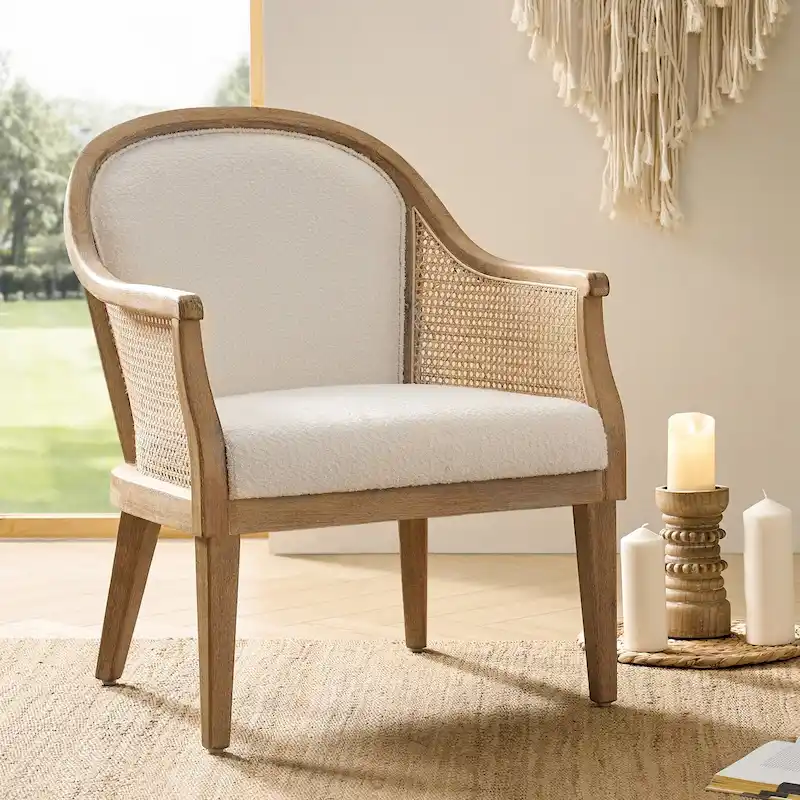 Farmhouse Rattan Solid Wood Armchair with Solid Wood Legs