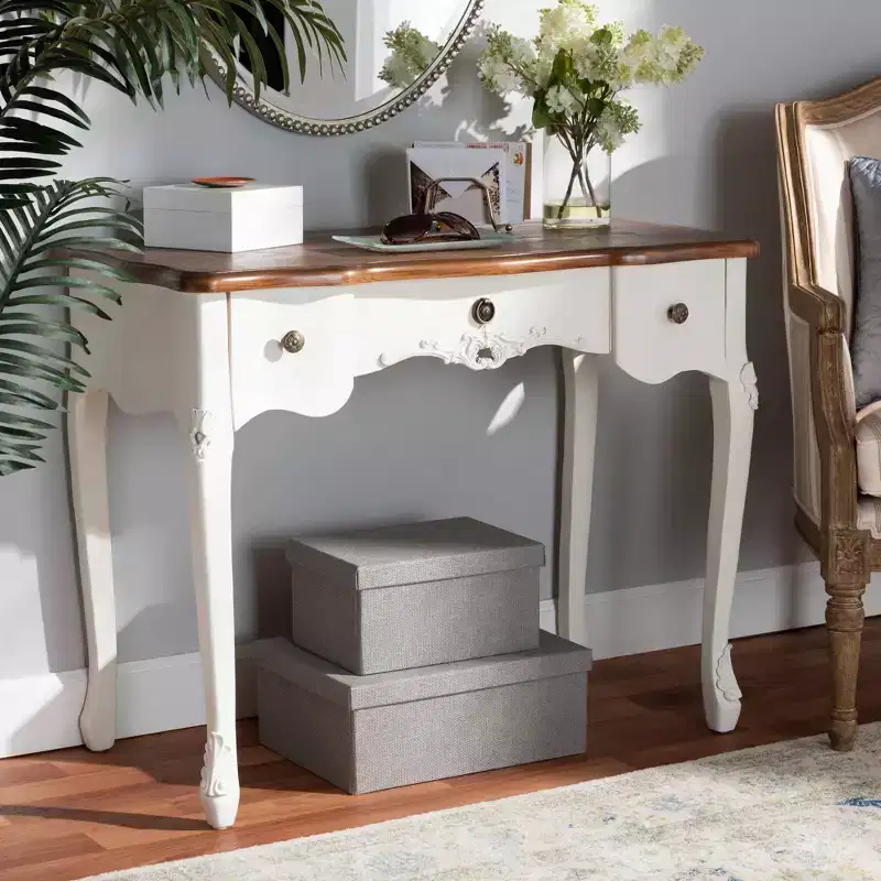 Sophie Small 3 Drawer Console Table: Carved Detail, Brass Knobs - Baxton Studio