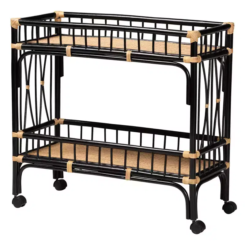 Bohemian Two-Tone Black and Natural Brown Rattan 2-Tier Kitchen Cart