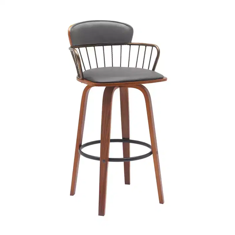 30 Gray And Wood Brown Faux Leather Swivel Low Back Bar Height Bar Chair