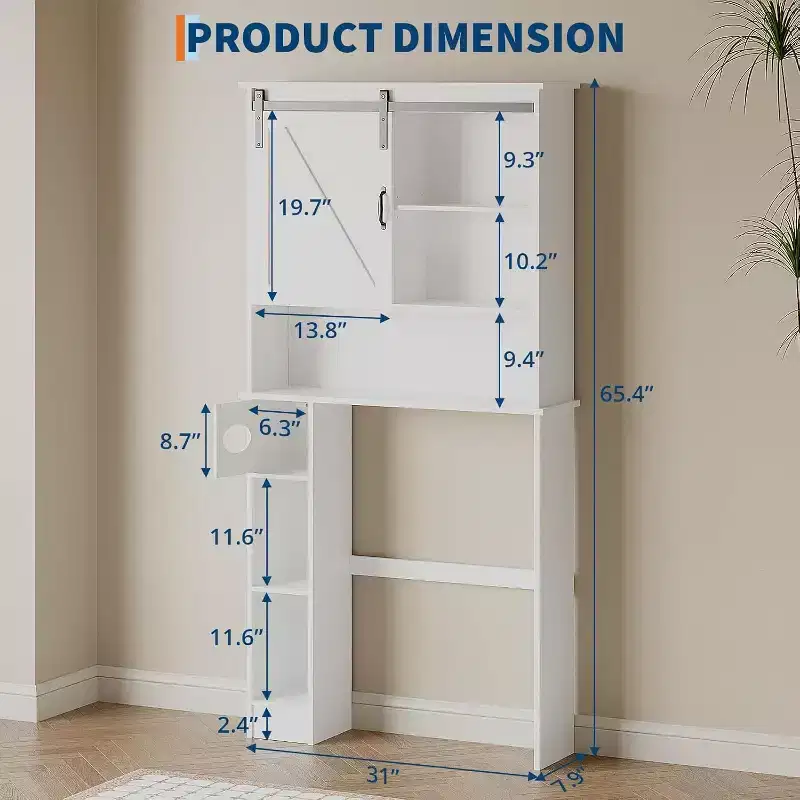 Over The Toilet Storage Cabinet with Barn Doors - Bathroom Stand Over Toilet with Tissue Hook and Adjustable Shelves,White