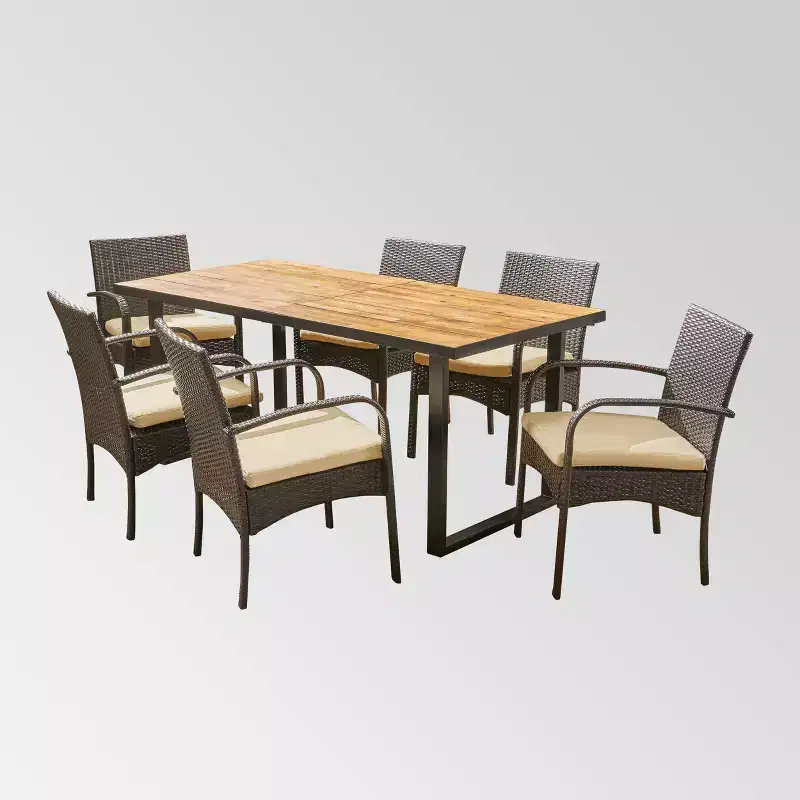 Heron 7pc Rectangular Acacia Wood &Wicker Dining Set - Teak/Brown - Christopher Knight Home: Weather-Resistant with Cushions