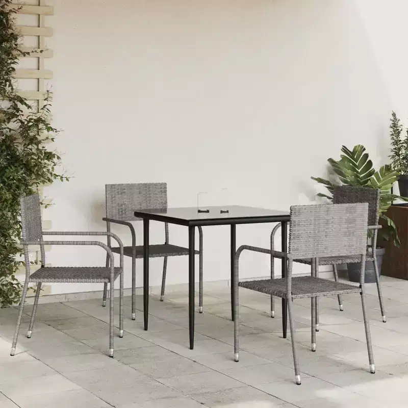 vidaXL Garden Dining Set Grey and Black Poly Rattan, Steel, Tempered Glass - 31.5 Table Length 4 Items