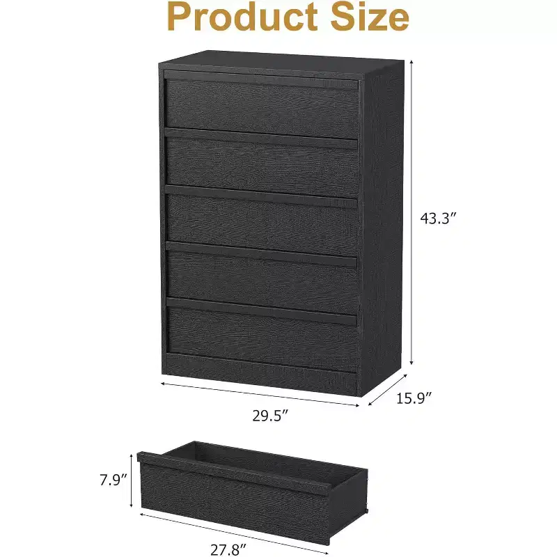 5 Drawer Dresser for Bedroom, Modern 7 Chest of Drawers, Wooden Dresser Organizer Nightstand, for Living Room, Entryway