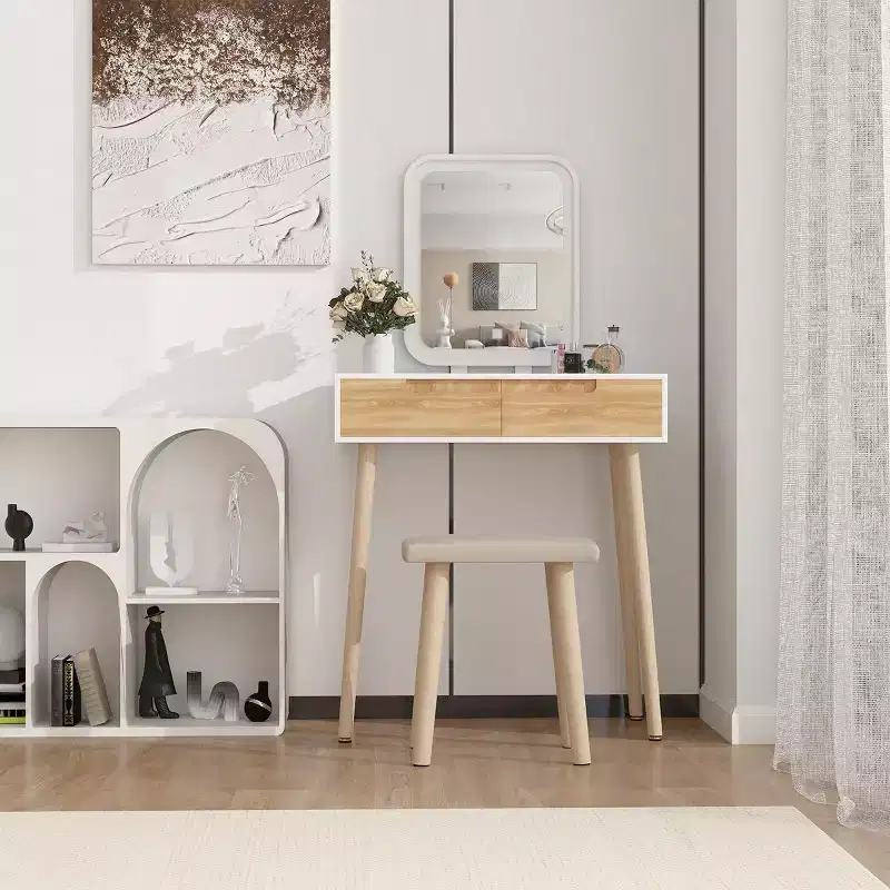 ELECWISH 31.5 Wood Vanity Desk Set with LED Mirror & Stool - 3-Way Lighting, 2 Drawers, Soft-Padded Seat