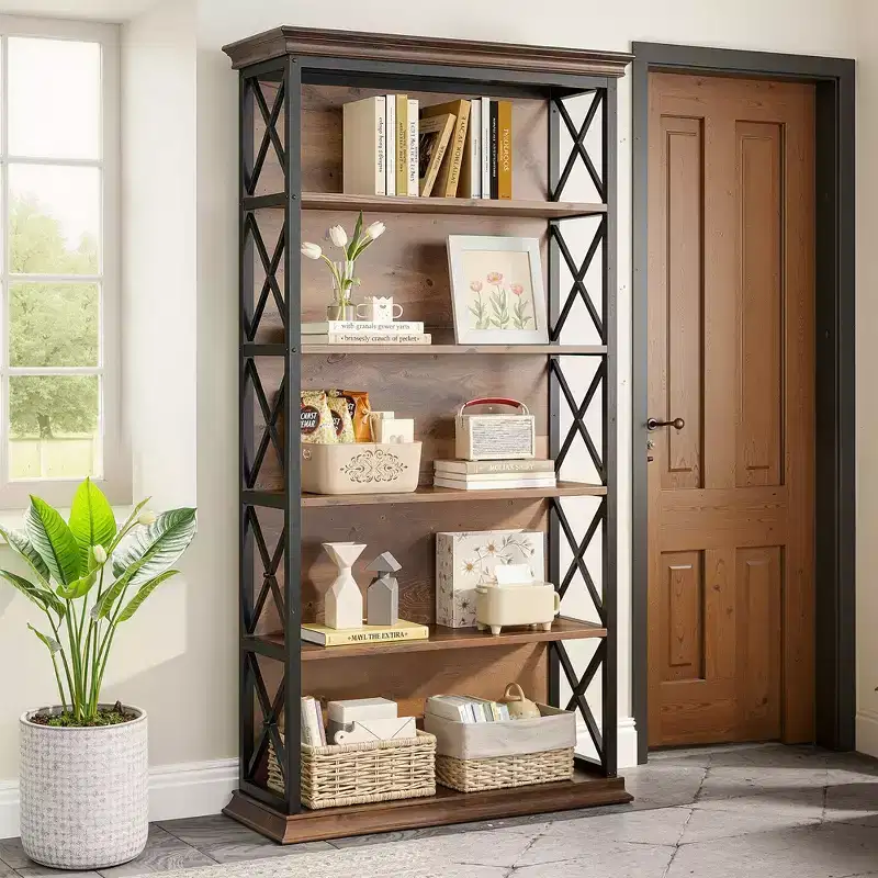 6-Tier Metal & Wood Bookcase with Stylish X Pattern Accents