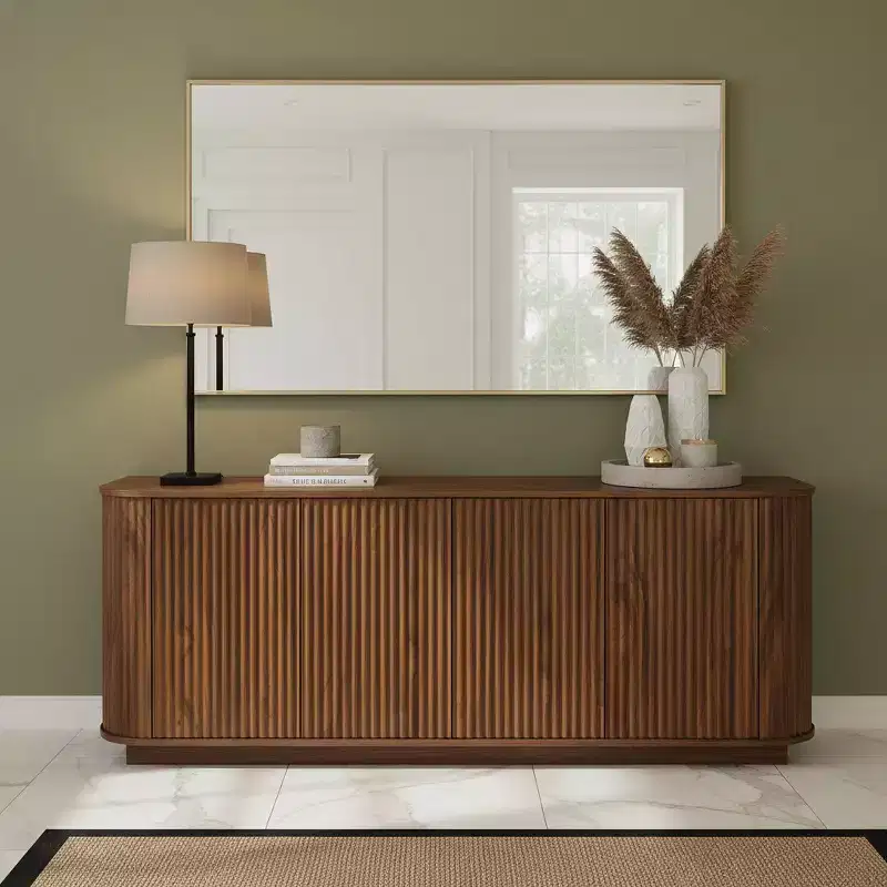 Modern Fluted 4 Door Sideboard Buffet Cabinet with Adjustable Shelves, Walnut