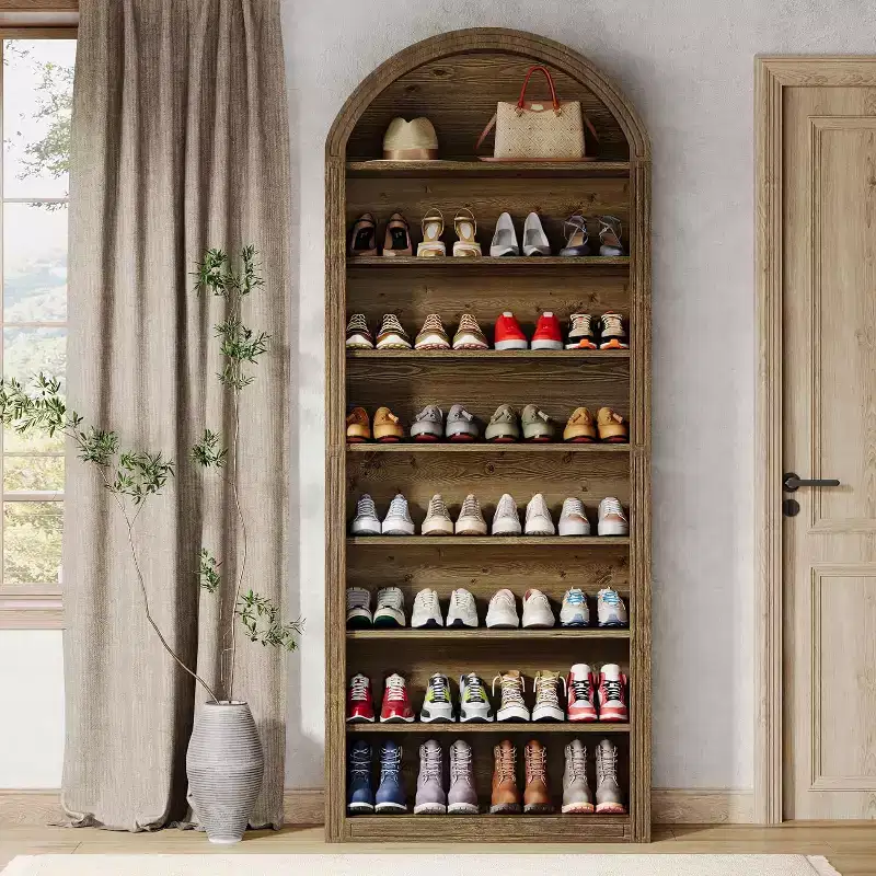 Shoe Storage Cabinet, 8-Tier Tall Shoe Organizer Cabinet, Large Wooden Freestanding Shoe Rack for Closet Entryway, Brown