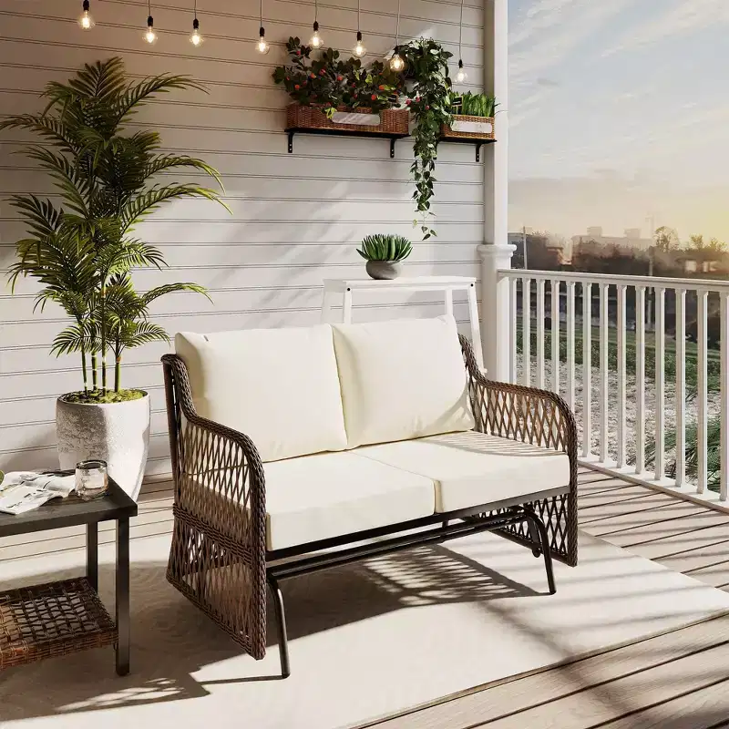 LAUSAINT HOME 2 Person Outdoor Ratten Patio Swing Glider Rattan Rocking Chair with Cushion
