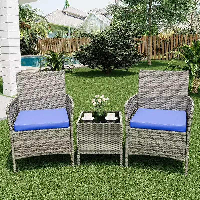 Patio Furniture Set 3 Pieces, Wicker Chairs with Table, Outdoor Furniture with Soft Cushion and Glass Table for Porch Garden Lawn Balcony