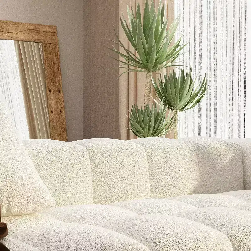 100.8W Modern 4-Seat White Teddy Velvet Sofa with Solid Wood Base