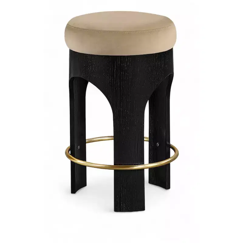Beige Velvet Counter Stool, Black Wood Frame with Gold Footrest, Seats 1