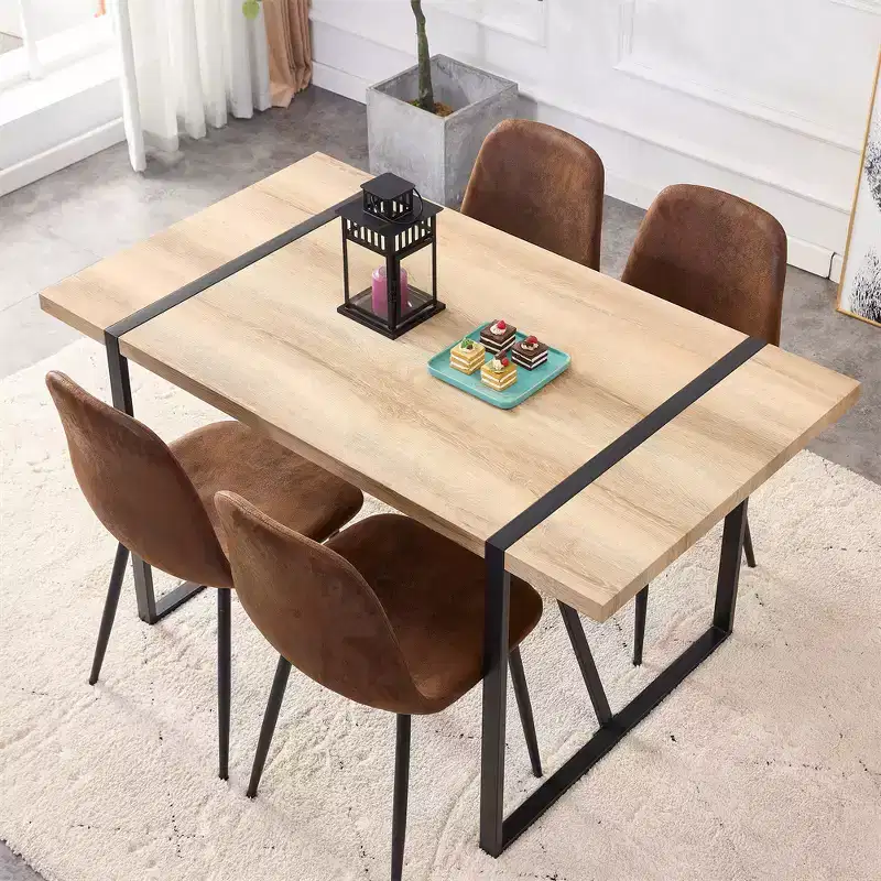 Rustic Industrial Dining Table For 4-6 Person, With 1.5in Thick Engineered Tabletop & Black Metal Legs, Rectangular Wood Desk For Kitchen Living Room