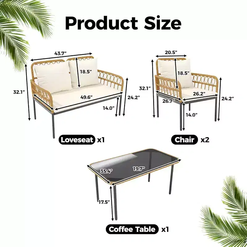 4-Piece Outdoor Patio Furniture Set, All-Weather PE Rattan Wicker Loveseat & Chairs with Glass Coffee Table & Steel Frame, Boho Conversation Set