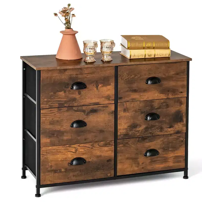 Costway 6 Drawer Dresser Fabric Storage Tower w/wooden Top Chest Organizer Rustic Brown