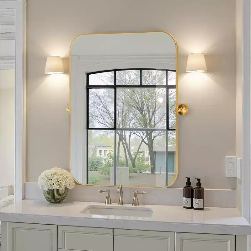80cm Gold Iron Rectangular Mirror with Rounded Corners and Hardware, 4cm Depth (Double-Sided)