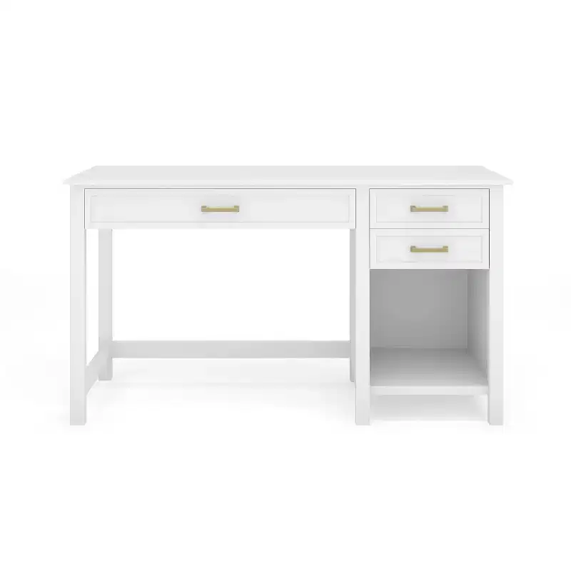 Martha Stewart Hutton Shaker Style Home Office Desk with 2 Side Drawers in White with Polished Brass Hardware