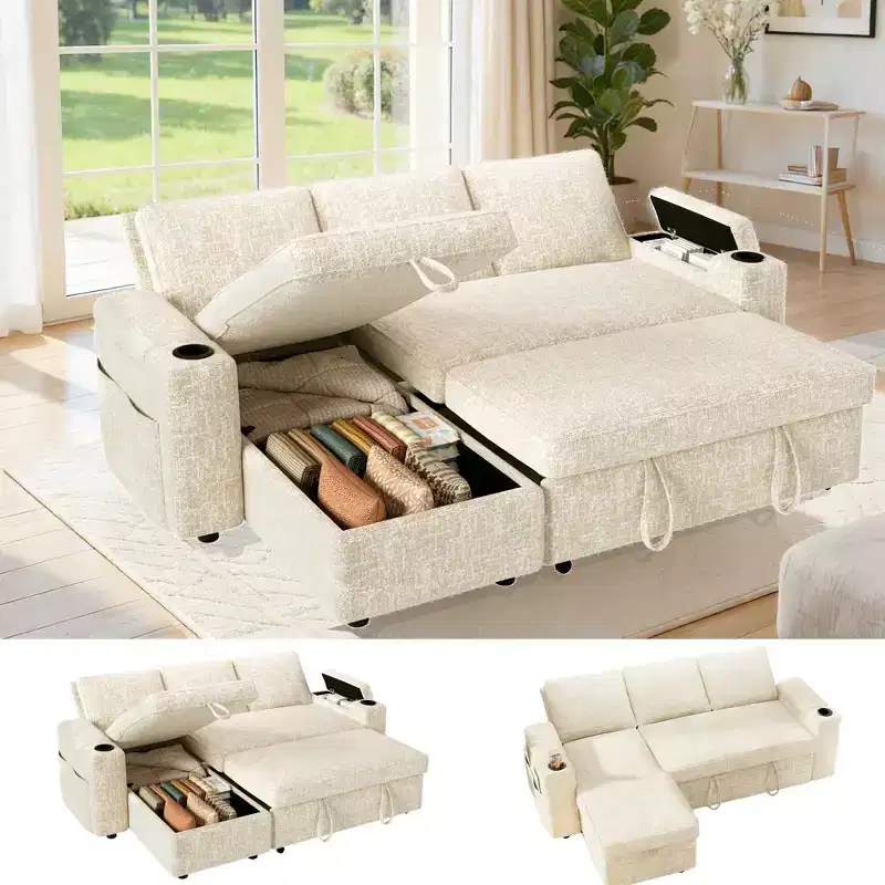 Dyonery 82 Sleeper Sofa Bed, L-Shaped Reclining Couch with Reversible Storage Chaise, Tool-Free Assembly