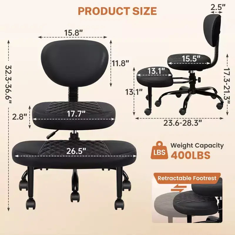 KERDOM Cross-Legged Office Chair with Wheels, Meditation Chair, ADHD Desk Chair for Adults, Black