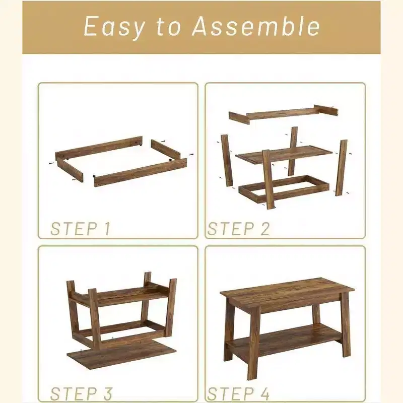 Acekool Small Space Rectangular 2 Tier Coffee Table, Wood Particleboard Center Table with Storage Shelf, Modern Farmhouse Rustic, Assorted Colors