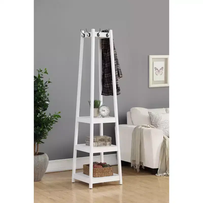 Okak Freestanding Coat Rack with Wooden Frame, Hall Tree with 3-Tier Storage Shelves and Silver Finish, Coat Tree for Bedroom, Living Room, White