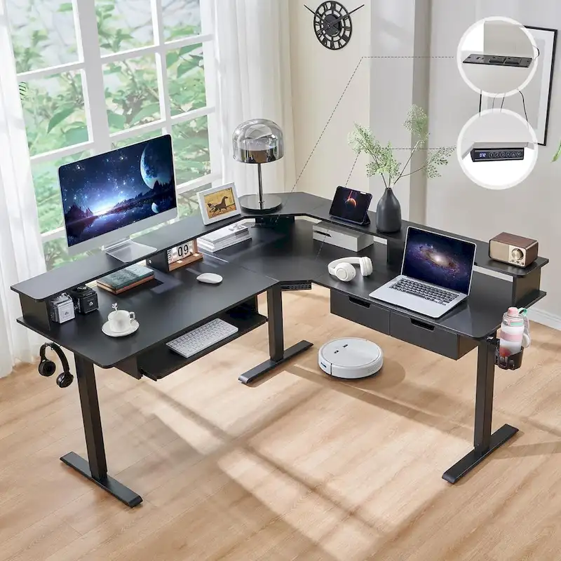 L-Shaped Electric Standing Desk, Height Adjustable, RGB LED, Carbon Fiber Black / Dark Rustic Oak / Antique White, 1-Person