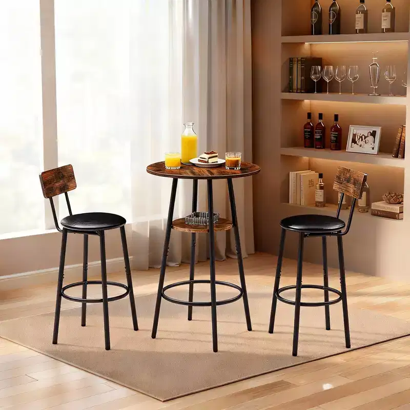 GDFStudio Hawthorne 3 Piece Faux Leather and Metal Bar Table and Chairs Set