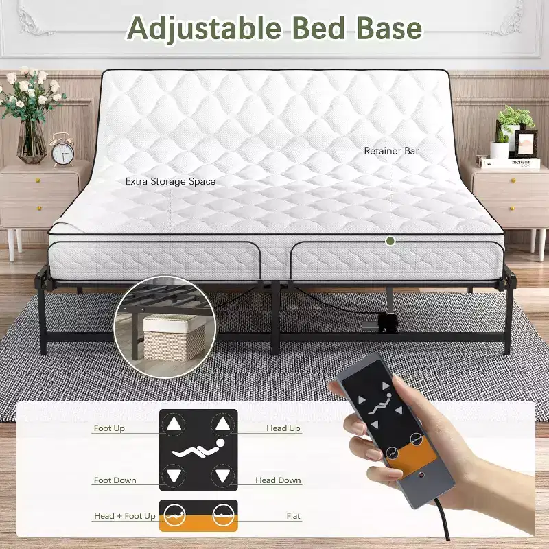 Adjustable Bed Frame Electric Bed Base with Wired Remote, Ergonomic Foot and Head Incline Function, King