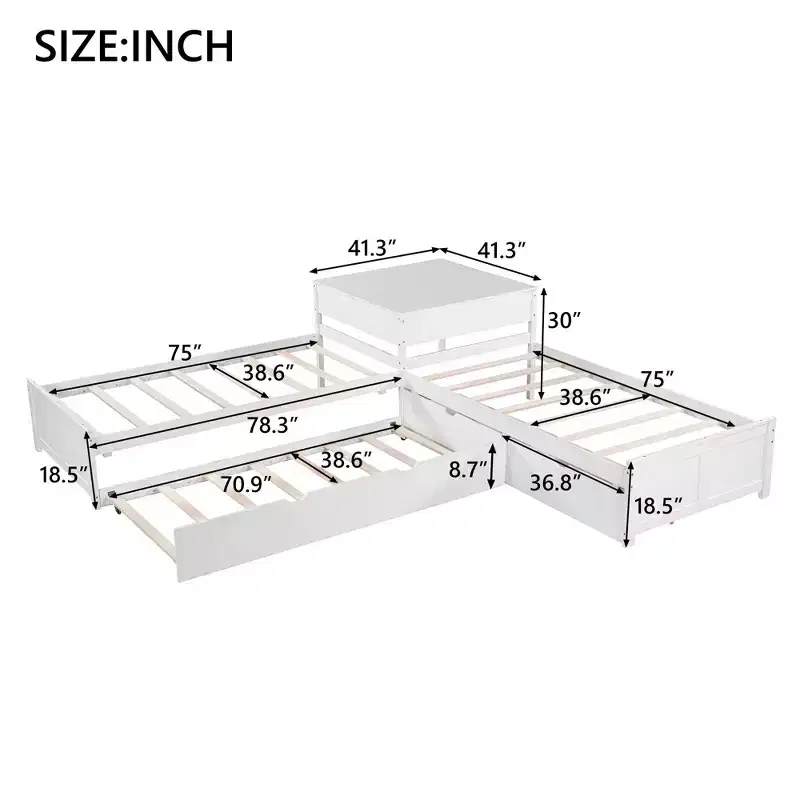 Bellemave L-shaped Platform Bed with Trundle and Drawers Linked with built-in Desk,Twin,White