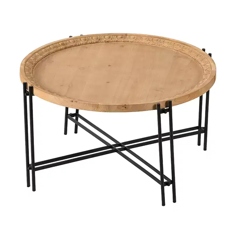 Farmhouse Round Wooden Coffee Table with Metal Legs D32x18