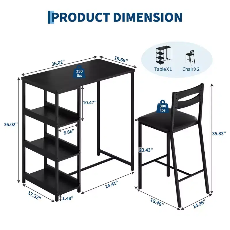 3 Piece Dining Table Set for 2, Counter Height Bar Table Set with 3 Storage Shelves, Kitchen Table with 2 Upholstered Chairs for Living Room, Black