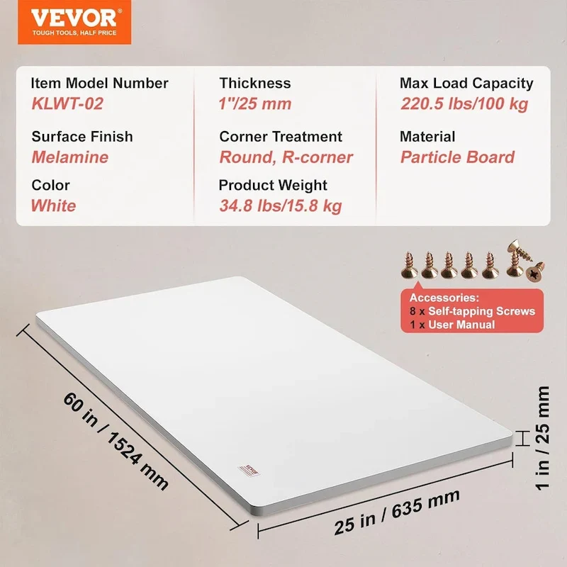 60 x 25 Inch Rectangular Standing Desk Tabletop, White MDF Surface, Adjustable Height Compatible