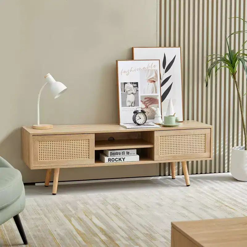 JVNOXK 35.5-inch rattan TV stand with double sliding doors for easy storage and adjustable shelves, natural color