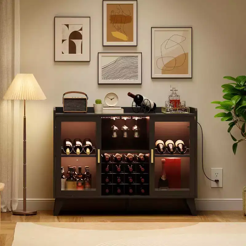 Home Bar Cabinet with LED Lights, Freestanding Liquor Cabinet with Storage Shelves for Living Room and Dining Room