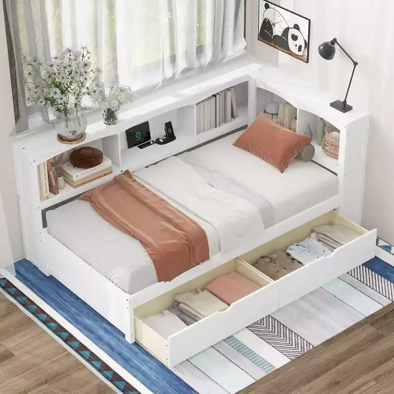 FAMYYT Twin Size Daybed with 2 Storage Drawers, Storage Cabinets and USB Ports, Easy Assembly, White