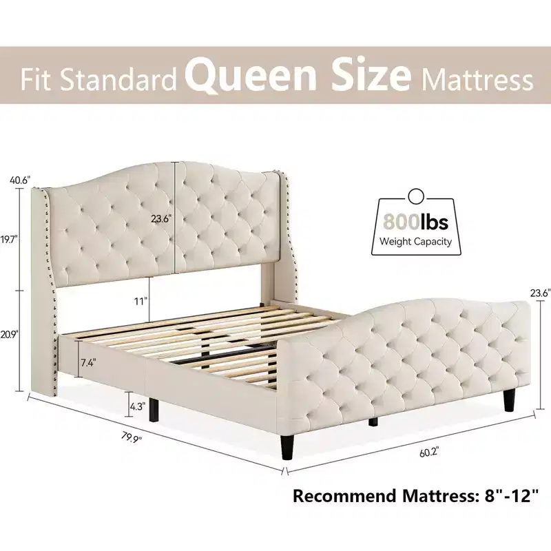 Queen Bed Frame with Headboard and Footboard, Upholstered Velvet Wingback Platform Bed, No Box Spring Needed, 800LB Capacity