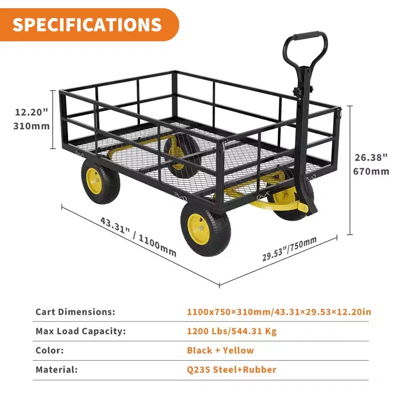 Cart - Heavy-Duty Folding Patio Cart with 10 Multi-Terrain Tires | 500-lb Capacity, 4 Removable Mesh Sides, 180 Swivel Handle for Kitchen, Patio