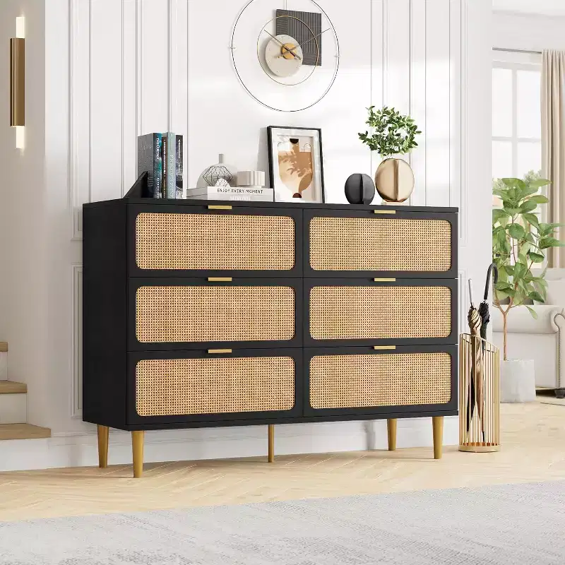 6-Drawer Rattan Dresser, Large Wooden Chest with Deep Drawers for Bedroom, Living Room, Closet, Hallway
