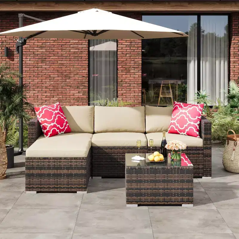 Acekool 5-Piece Rattan Patio Sectional Sofa Set, Modular Outdoor Furniture with Cushions, for Backyard, Garden, Poolside