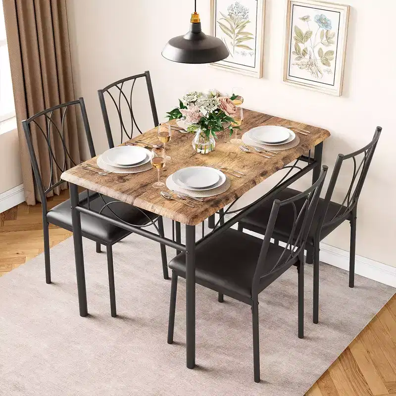 Garvee Dining Table Set, 4 Piece Wooden Dining Room Table Set with 4 Chairs, Kitchen Rectangular Table Set for Small Space, Apartment, Retro Brown