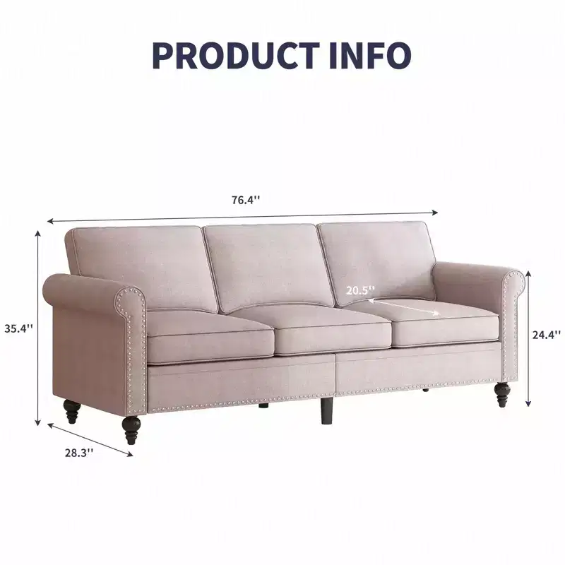 Linen Fabric Modern 3-Seater Sofa Couch with Rivet Design