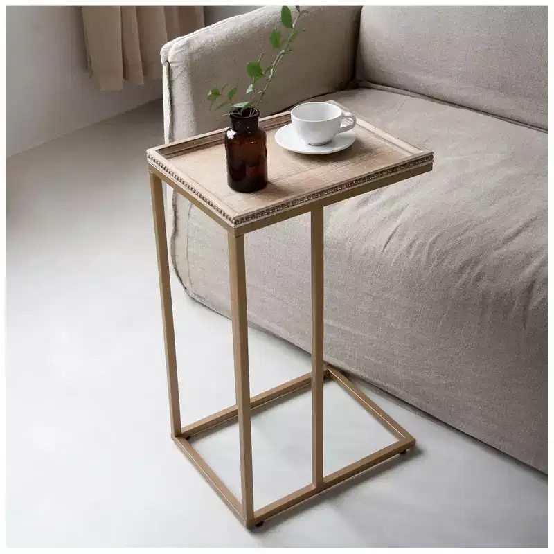 Farmhouse C End Table with Woven Rattan Tray Top, Gold